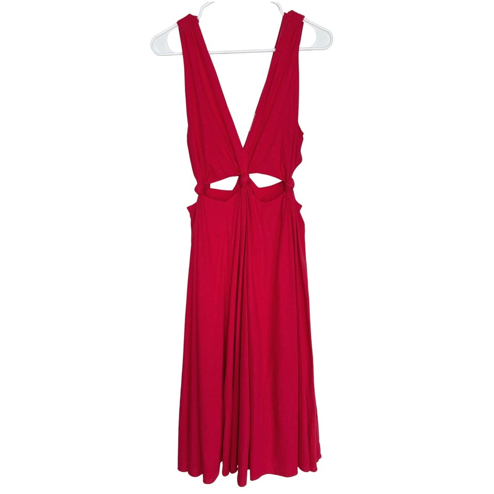 Farm Rio Women S Knotted Cutout Waist Midi Dress Red Linen Blend Resort Beach